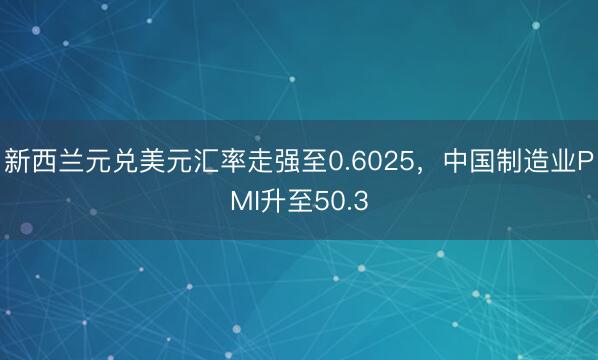新西兰元兑美元汇率走强至0.6025，中国制造业PMI升至50.3